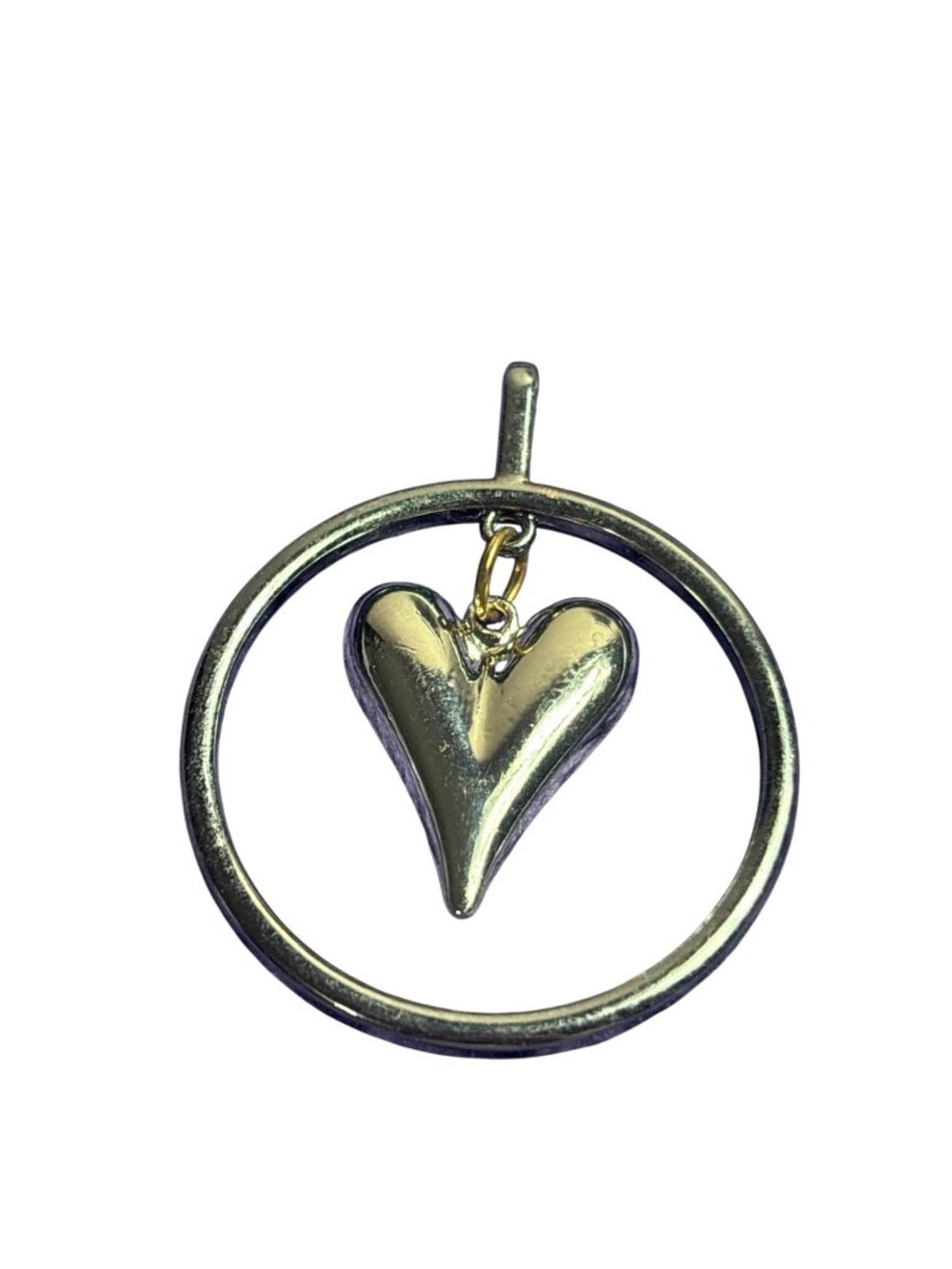 Vintage Gunmetal Circle Pendant Silvertone Heart Dangle 1.75 inches